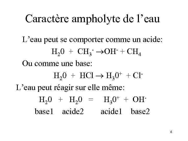 Caractère ampholyte de l’eau L’eau peut se comporter comme un acide: H 20 +