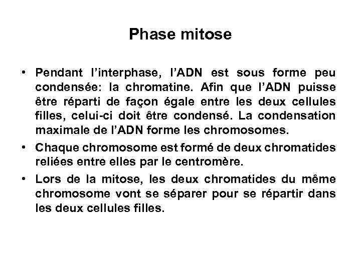 Phase mitose • Pendant l’interphase, l’ADN est sous forme peu condensée: la chromatine. Afin