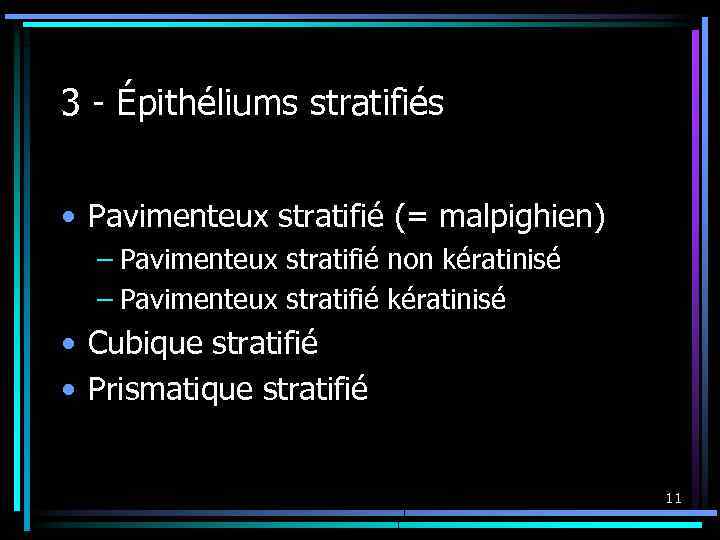 3 - Épithéliums stratifiés • Pavimenteux stratifié (= malpighien) – Pavimenteux stratifié non kératinisé