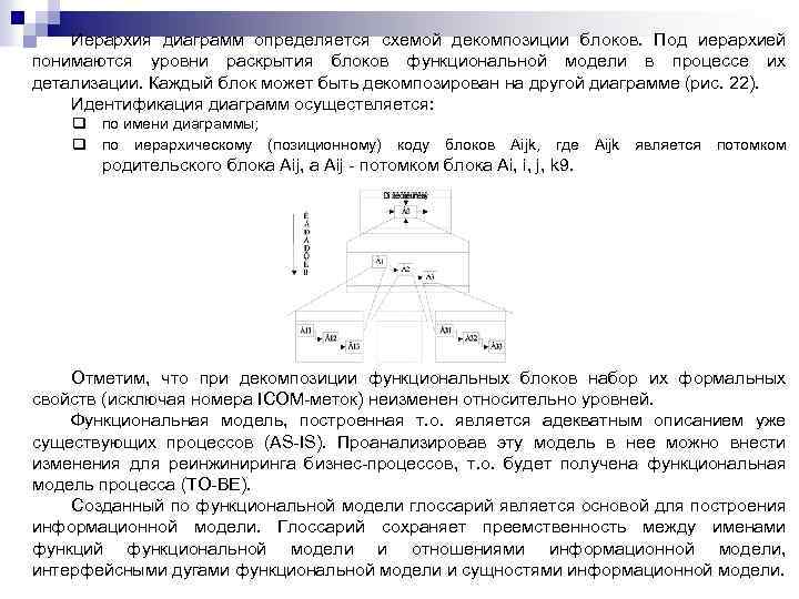 Иерархия диаграмм определяется схемой декомпозиции блоков. Под иерархией понимаются уровни раскрытия блоков функциональной модели