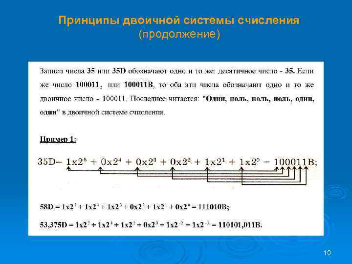 Принципы двоичной системы счисления (продолжение) 10 