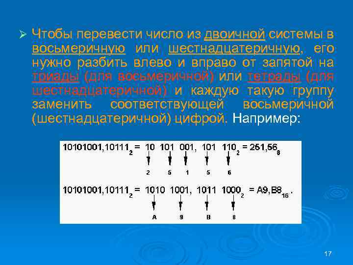 Ø Чтобы перевести число из двоичной системы в восьмеричную или шестнадцатеричную, его нужно разбить