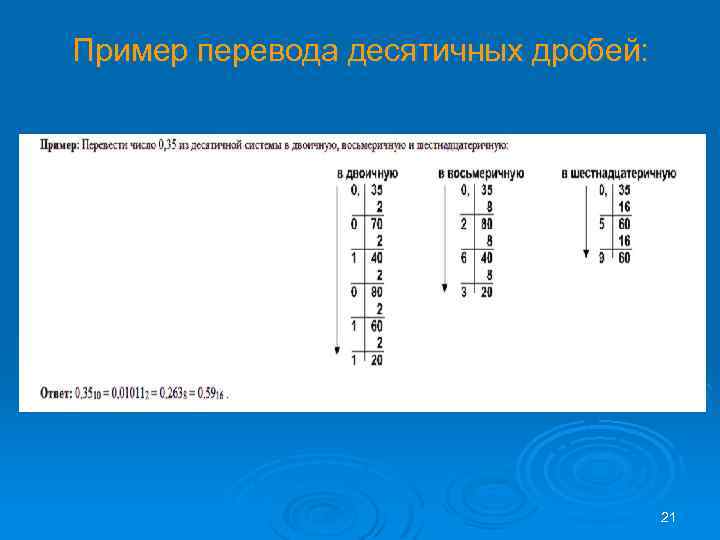 Пример перевода десятичных дробей: 21 