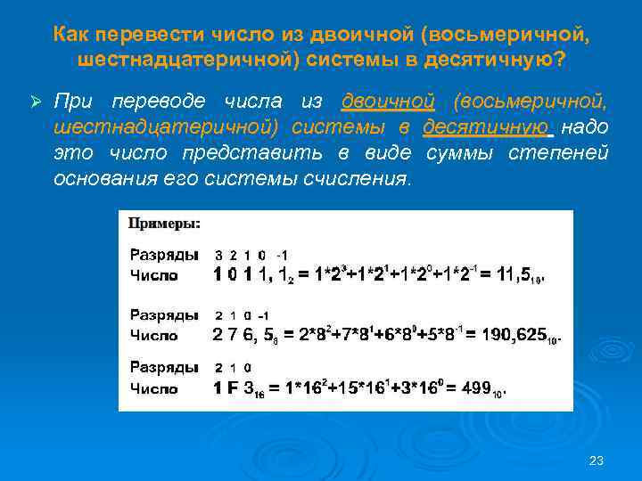 Как пеpевести число из двоичной (восьмеpичной, шестнадцатеpичной) системы в десятичную? Ø При переводе числа