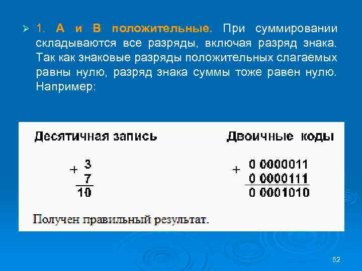 Ø 1. А и В положительные. При суммировании складываются все разряды, включая разряд знака.