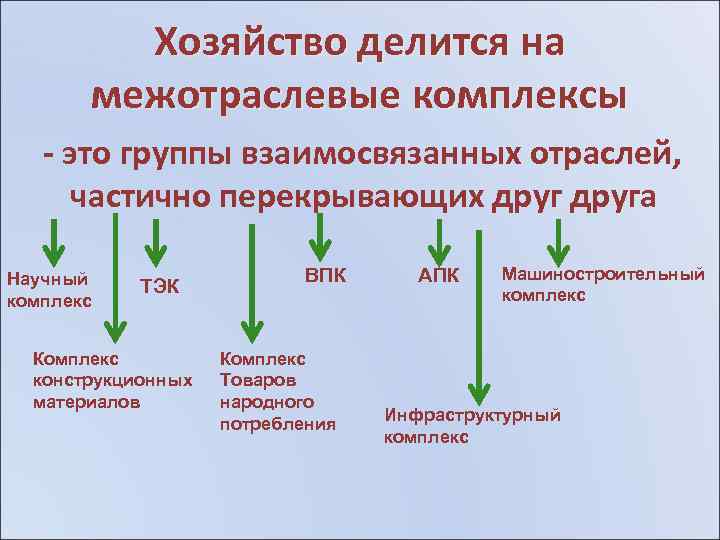 Хозяйство делится на межотраслевые комплексы - это группы взаимосвязанных отраслей, частично перекрывающих друга Научный