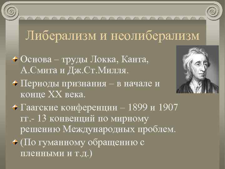 Либерализм и неолиберализм Основа – труды Локка, Канта, А. Смита и Дж. Ст. Милля.