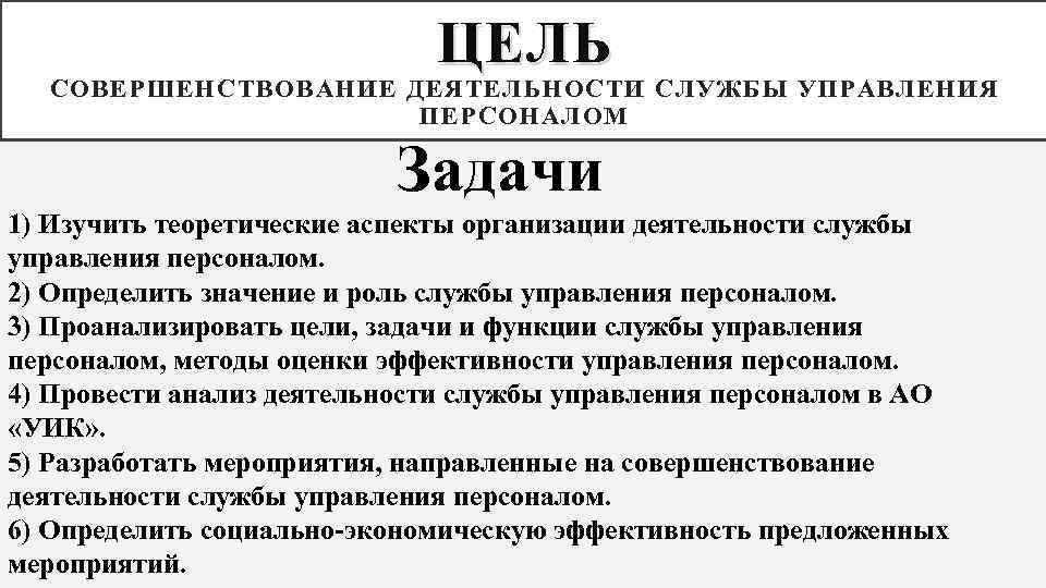 ЦЕЛЬ СОВЕРШЕНСТВОВАНИЕ ДЕЯТЕЛЬНОСТИ СЛУЖБЫ УПРАВЛЕНИЯ ПЕРСОНАЛОМ Задачи 1) Изучить теоретические аспекты организации деятельности службы