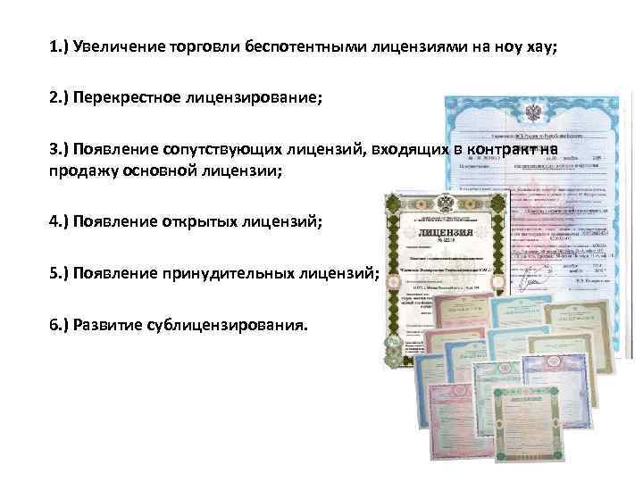 1. ) Увеличение торговли беспотентными лицензиями на ноу хау; 2. ) Перекрестное лицензирование; 3.