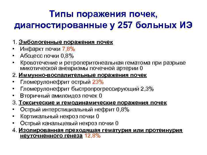 Типы поражения почек, диагностированные у 257 больных ИЭ 1. Эмбологенные поражения почек • Инфаркт
