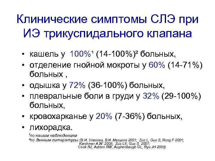 Клинические симптомы СЛЭ при ИЭ трикуспидального клапана • кашель у 100%¹ (14 -100%)² больных,