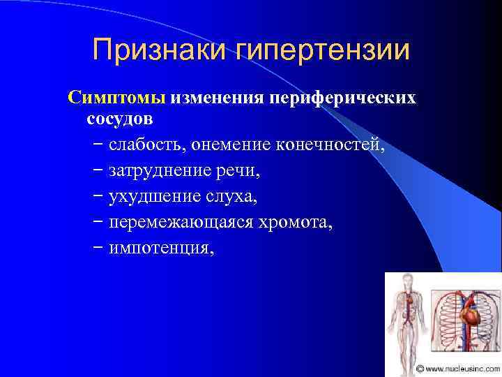 Признаки гипертензии Симптомы изменения периферических сосудов − слабость, онемение конечностей, − затруднение речи, −