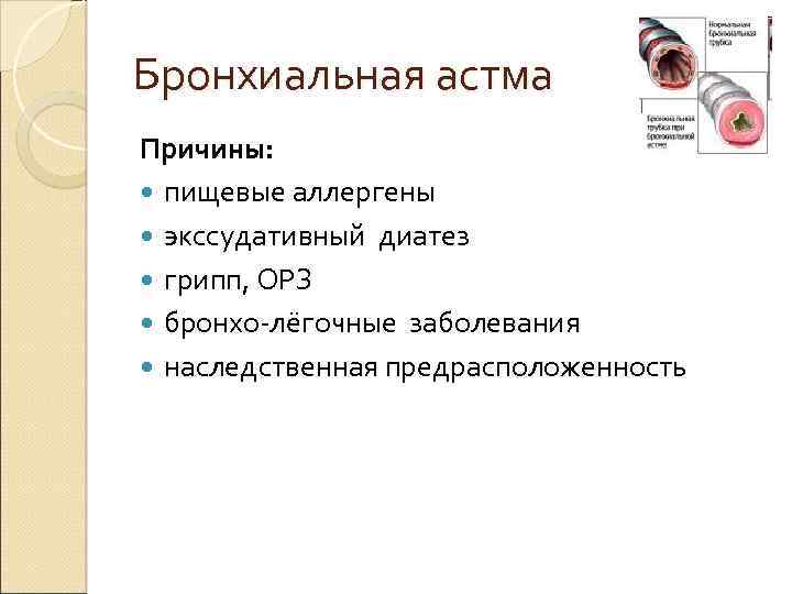 Бронхиальная астма Причины: пищевые аллергены экссудативный диатез грипп, ОРЗ бронхо-лёгочные заболевания наследственная предрасположенность 