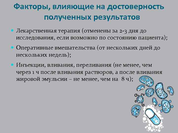 Факторы, влияющие на достоверность полученных результатов Лекарственная терапия (отменены за 2 -3 дня до