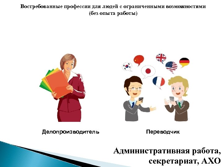 Востребованные профессии для людей с ограниченными возможностями (без опыта работы) Делопроизводитель Переводчик Административная работа,