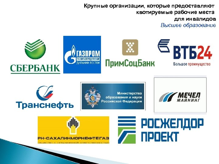 Крупные организации, которые предоставляют квотируемые рабочие места для инвалидов Высшее образование 