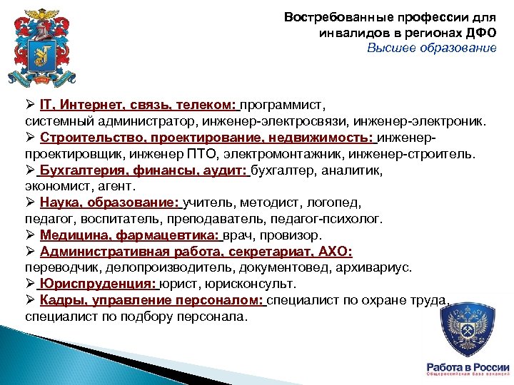 Востребованные профессии для инвалидов в регионах ДФО Высшее образование Ø IT, Интернет, связь, телеком: