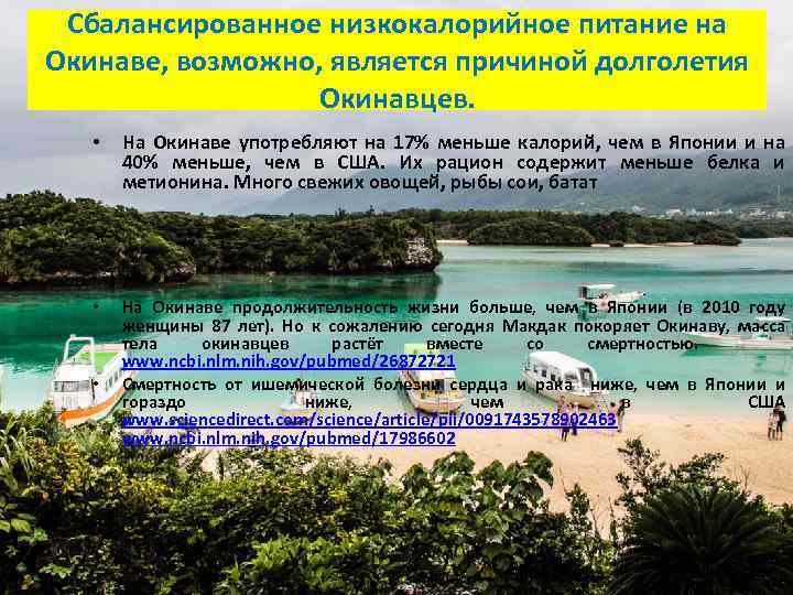 Сбалансированное низкокалорийное питание на Окинаве, возможно, является причиной долголетия Окинавцев. • На Окинаве употребляют