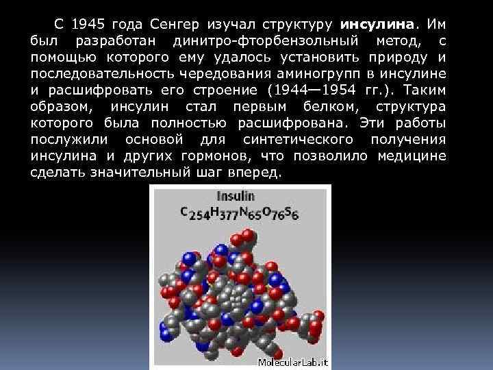  С 1945 года Сенгер изучал структуру инсулина. Им был разработан динитро-фторбензольный метод, с