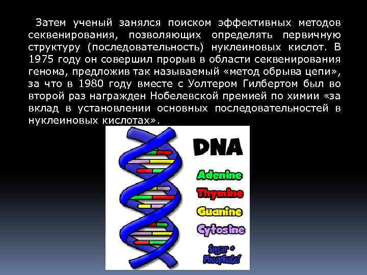 Затем ученый занялся поиском эффективных методов секвенирования, позволяющих определять первичную структуру (последовательность) нуклеиновых кислот.