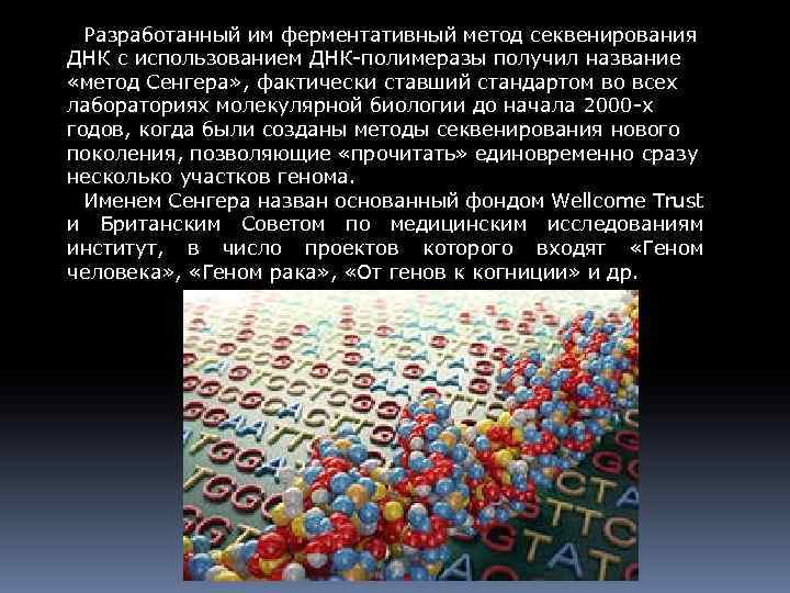 Разработанный им ферментативный метод секвенирования ДНК с использованием ДНК-полимеразы получил название «метод Сенгера» ,