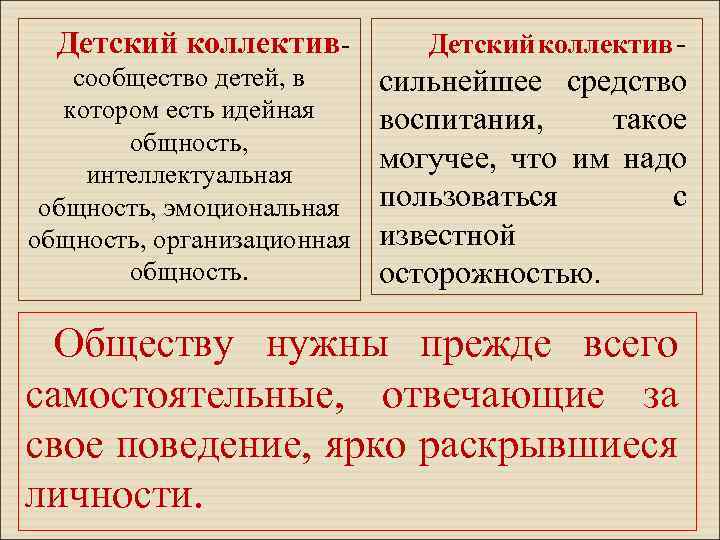 Детский коллектив сообщество детей, в котором есть идейная общность, интеллектуальная общность, эмоциональная общность, организационная