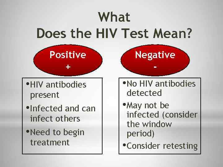 What Does the HIV Test Mean? Positive + • HIV antibodies present • Infected