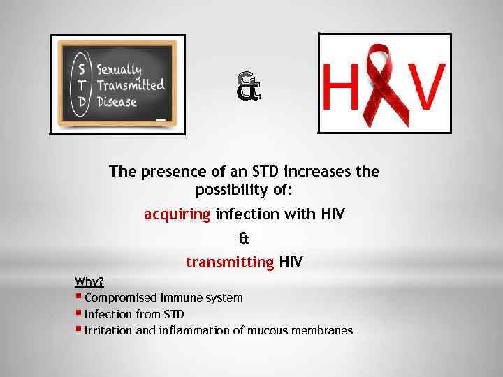 & The presence of an STD increases the possibility of: acquiring infection with HIV