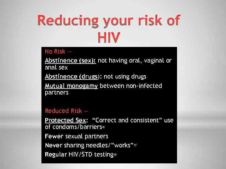 No Risk — Abstinence (sex): not having oral, vaginal or anal sex Abstinence (drugs):