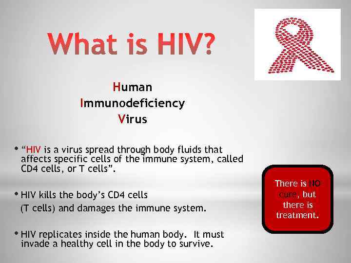 Human Immunodeficiency Virus • “HIV is a virus spread through body fluids that affects