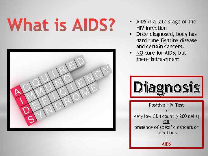  • AIDS is a late stage of the HIV infection • Once diagnosed,