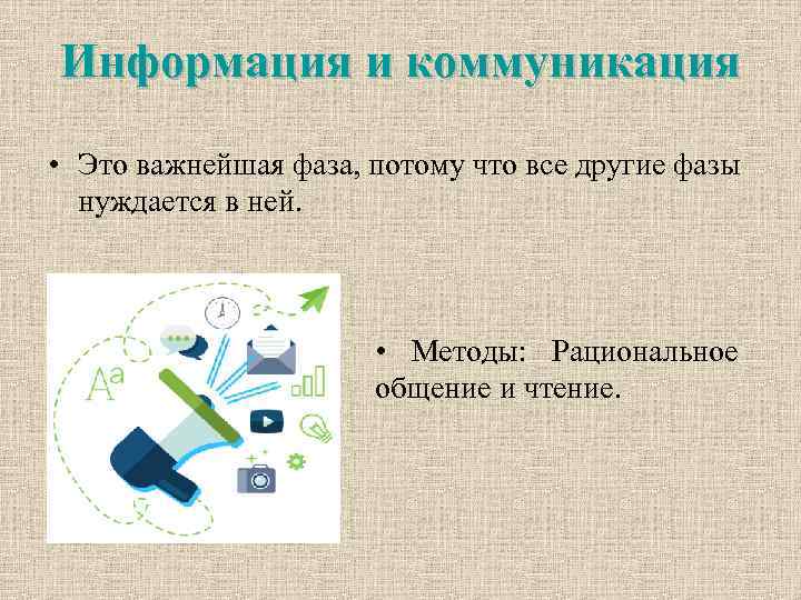 Информация и коммуникация • Это важнейшая фаза, потому что все другие фазы нуждается в