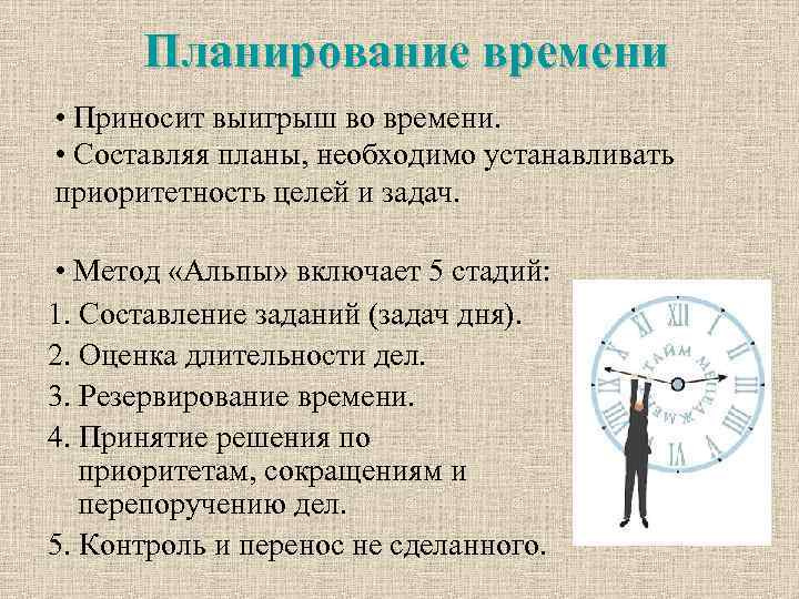 Планирование времени • Приносит выигрыш во времени. • Составляя планы, необходимо устанавливать приоритетность целей