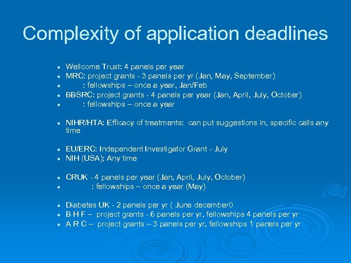 Complexity of application deadlines l l l l Wellcome Trust: 4 panels per year