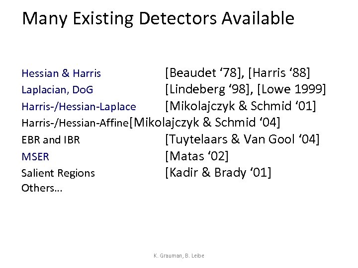 Many Existing Detectors Available Hessian & Harris [Beaudet ‘ 78], [Harris ‘ 88] Laplacian,