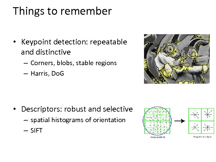 Things to remember • Keypoint detection: repeatable and distinctive – Corners, blobs, stable regions