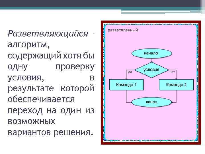 Разветвляющийся – алгоритм, содержащий хотя бы одну проверку условия, в результате которой обеспечивается переход