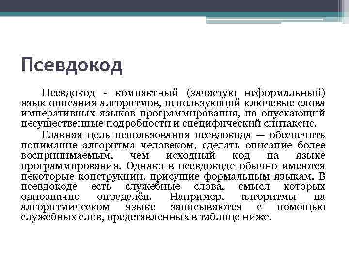 Псевдокод - компактный (зачастую неформальный) язык описания алгоритмов, использующий ключевые слова императивных языков программирования,