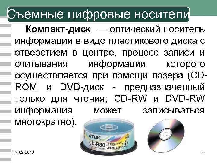 Съемные цифровые носители Компакт-диск — оптический носитель информации в виде пластикового диска с отверстием