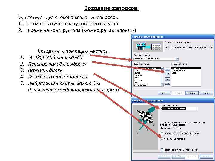 Создание запросов Существует два способа создания запросов: 1. С помощью мастера (удобно создавать) 2.