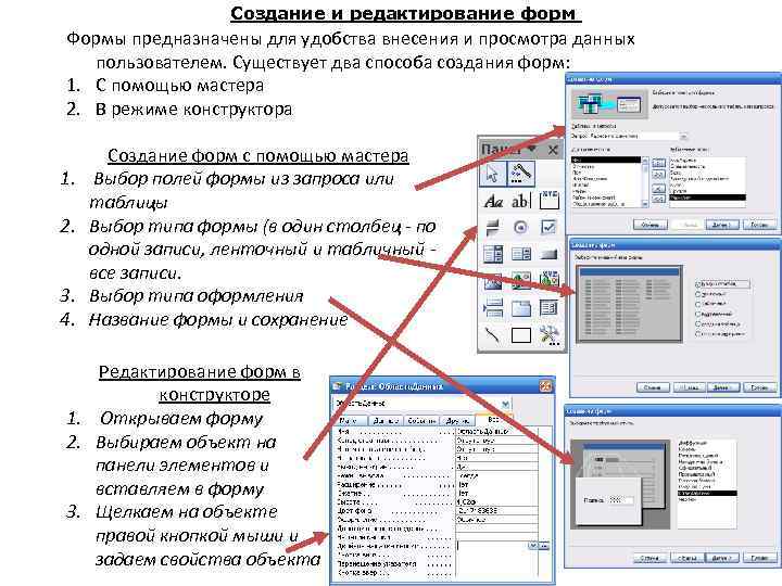 Создание и редактирование форм Формы предназначены для удобства внесения и просмотра данных пользователем. Существует