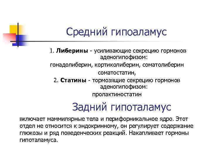 Средний гипоаламус 1. Либерины - усиливающие секрецию гормонов аденогипофизом: гонадолиберин, кортиколиберин, соматолиберин соматостатин, 2.