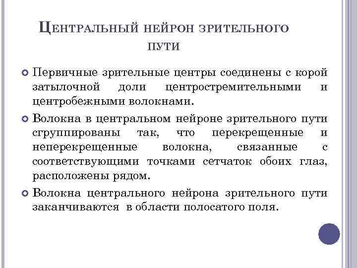 ЦЕНТРАЛЬНЫЙ НЕЙРОН ЗРИТЕЛЬНОГО ПУТИ Первичные зрительные центры соединены с корой затылочной доли центростремительными и