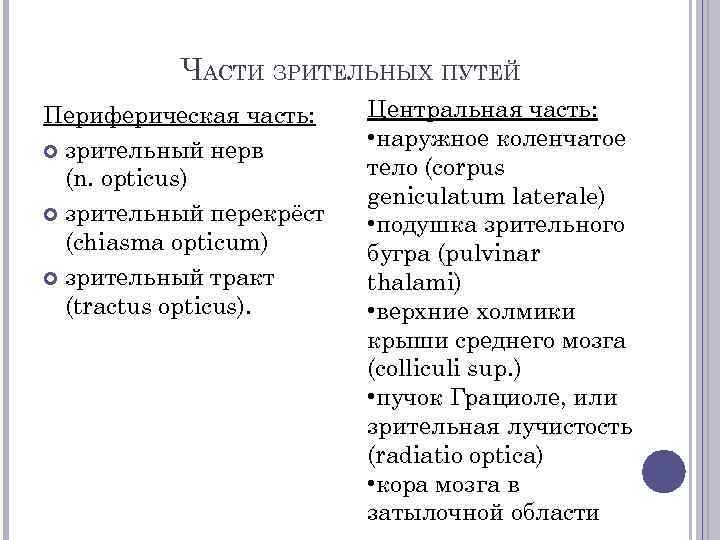 ЧАСТИ ЗРИТЕЛЬНЫХ ПУТЕЙ Периферическая часть: зрительный нерв (n. opticus) зрительный перекрёст (chiasma opticum) зрительный