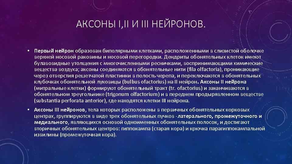 АКСОНЫ I, II И III НЕЙРОНОВ. • Первый нейрон образован биполярными клетками, расположенными в