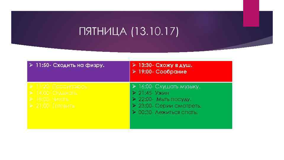 ПЯТНИЦА (13. 10. 17) Ø 11: 50 - Сходить на физру. Ø Ø 11: