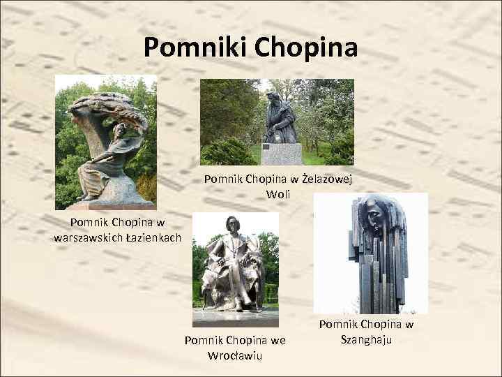 Pomniki Chopina Pomnik Chopina w Żelazowej Woli Pomnik Chopina w warszawskich Łazienkach Pomnik Chopina