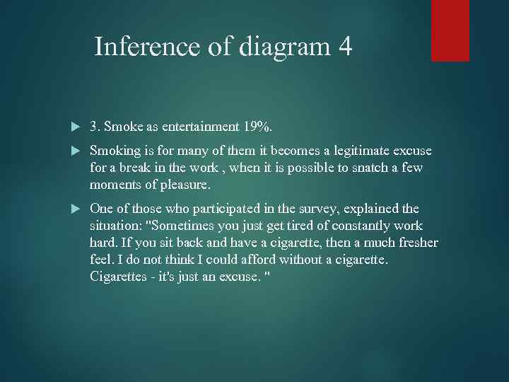 Inference of diagram 4 3. Smoke as entertainment 19%. Smoking is for many of