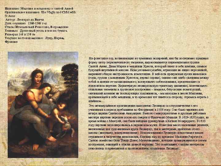 Название: Мадонна и младенец со святой Анной Оригинальное название: The Virgin and Child with