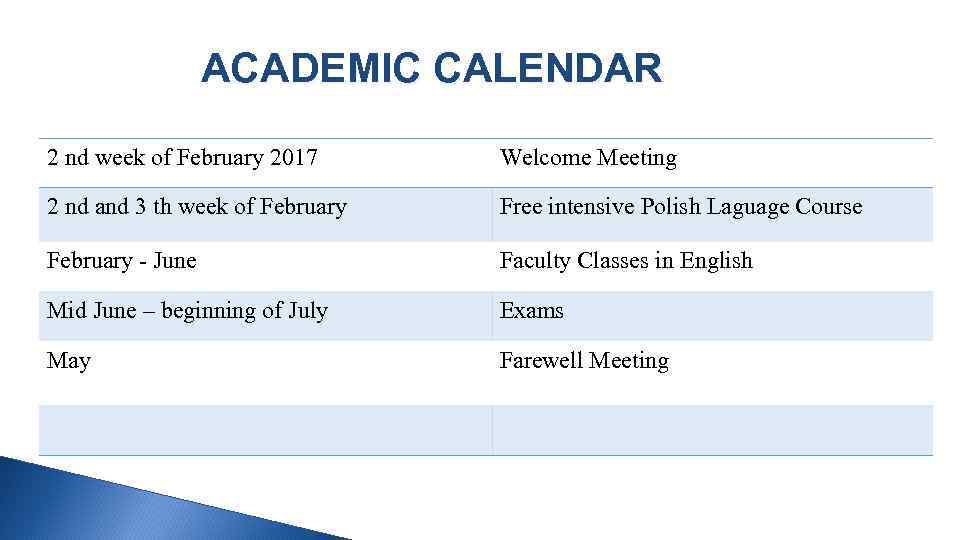 ACADEMIC CALENDAR 2 nd week of February 2017 Welcome Meeting 2 nd and 3